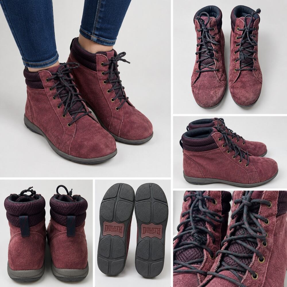 Duluth Trading Co Womens 8.5M Burgundy Suede Ankle Boots Lace Up Comfort Outdoor